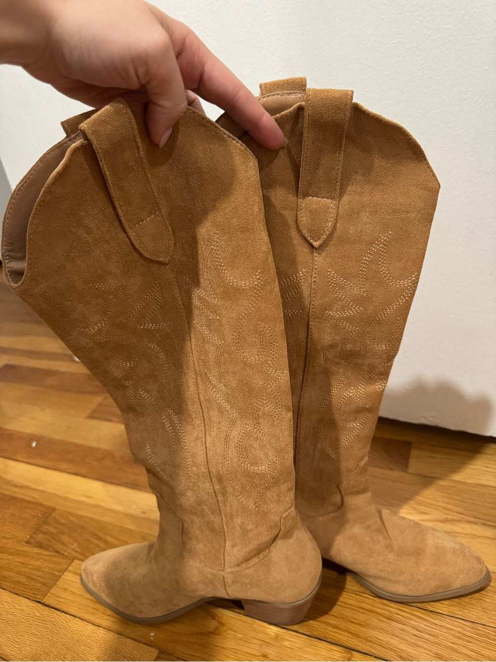 Suede Knee-High Western Boots in Tan